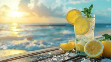Refreshing lemonade with lemon slices and mint by beach at sunset photo