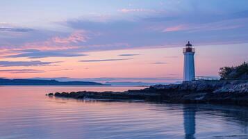 A serene lighthouse at sunset, reflecting on calm waters photo