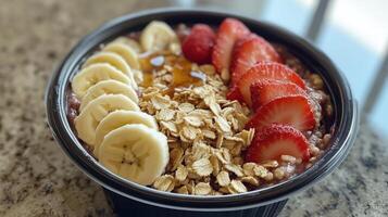 Acai Bowl Topped With Strawberries Bananas And Oats photo