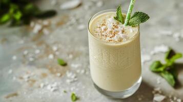 Creamy Coconut Mango Smoothie With Mint Garnish photo
