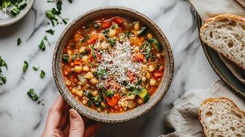 Delicious Vegetable Bean Soup With Parmesan Cheese photo