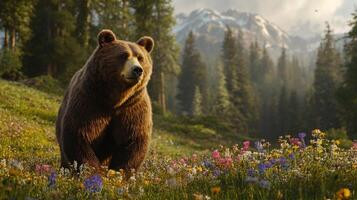 Grizzly Bear Amidst Wildflowers In A Mountainous Forest photo