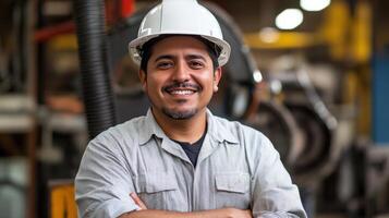 Smiling Factory Worker Wearing Hard Hat photo
