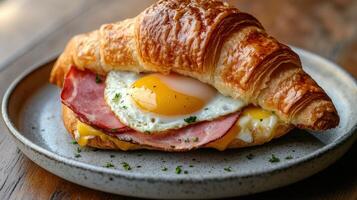 Ham Egg Cheese Croissant Breakfast Sandwich photo
