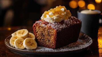 Delicious Banana Bread Topped With Honey And Cream photo