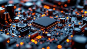 Close-up of a complex circuit board with a central microchip and glowing orange connection points photo