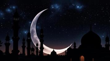 A Crescent Moon Rises over a City of Mosques under a Star-filled Night Sky photo