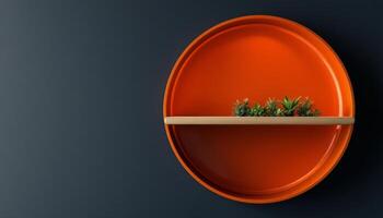 Circular Orange Wall Shelf with Wooden Accent and Small Green Plants against Dark Wall photo
