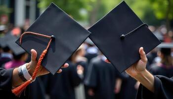 Graduation caps held high, signifying academic achievement and new beginnings photo