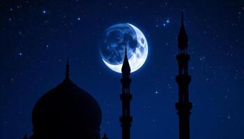Silhouetted Mosque Minarets and Dome Under a Crescent Moon in Starry Night Sky photo