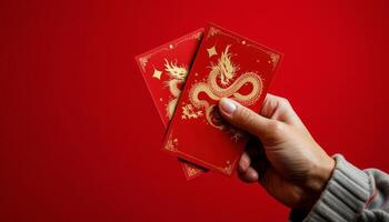 Holding Auspicious Red Envelopes with Golden Dragon for Chinese New Year Celebrations photo