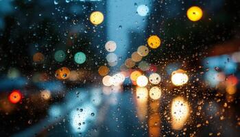 Rain-streaked window captures blurred city lights creating an abstract bokeh effect photo