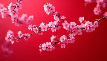 Vibrant Cherry Blossoms Against a Deep Red Background Embodying Spring,s Arrival photo