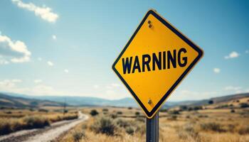 Warning sign on a remote road under a bright blue sky and distant mountains photo