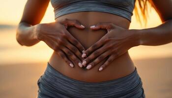 Heart Hands on Toned Abdomen Expressing Self Love and a Commitment to Wellness at Sunset photo