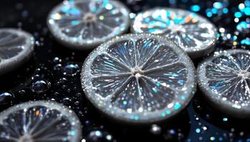 Shimmering Lemon Slices Reflecting Light on a Black Surface with Scattered Droplets photo