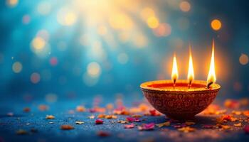 Glowing Diyas Illuminating a Festive Scene with Bokeh and Petal Scatter photo