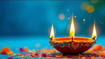 Radiant Diwali Diya with Vibrant Flames and Colorful Flower Petal Decoration photo