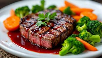 Succulent Steak with Rich Sauce, Steamed Broccoli and Roasted Carrots, a Gourmet Plate photo