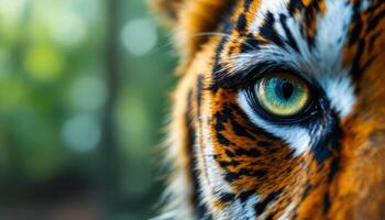 Close-up of a Tiger,s captivating eye in a lush green environment a moment of raw beauty photo