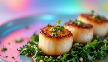 Seared Scallops with Vibrant Greens on a Dreamy Iridescent Plating Background photo