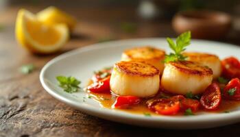 Pan-Seared Scallops with Cherry Tomatoes and Lemon Garnish on a Wooden Table photo