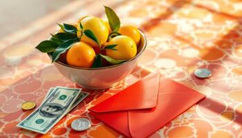Lunar New Year Abundance, Oranges, Red Envelopes, and Fortune,s Promise photo