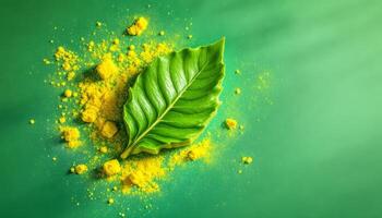 Green Leaf and Golden Powder, A Vibrant Nature Still Life on Green Background photo