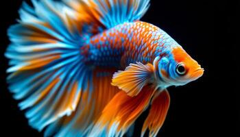 Vibrant Betta Fish Displaying Intricate Scale Pattern and Flowing Fin Geometry against a Dark Background photo