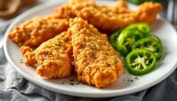Crispy Fried Chicken Tenders with Fresh Sliced Jalapenos on a White Plate photo