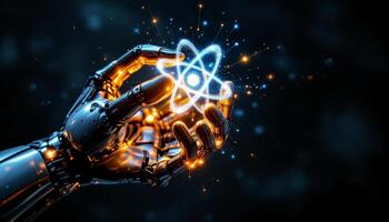 Robotic Hand Manipulating a Glowing Atomic Structure in a Dark Space photo