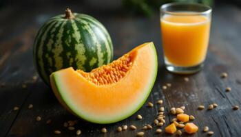 Freshly Cut Cantaloupe Slice with Whole Watermelon and Juice Still Life on Wooden Table photo