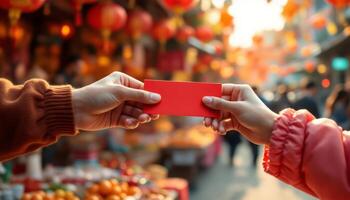 Exchanging red envelopes during a vibrant Chinese Lunar New Year festival celebration photo