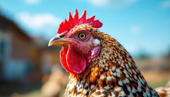 A Close-Up Portrait of a Regal Rooster with Vibrant Red Comb and Beautiful Feather Pattern photo