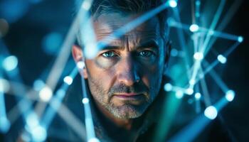 Digital Frontier, A man amidst a network of glowing data lines reflecting the digital era photo