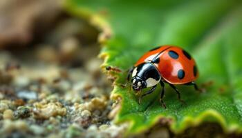 Ladybug on a Leaf with Ants in the Background, A macro view of nature,s small wonders photo