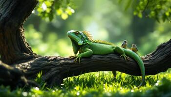 A peaceful iguana basks in sunlight with two tiny birds perched on its back in a verdant forest photo
