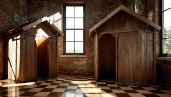 Twin Wooden Structures Bathed in Sunlight Within a Brick-Walled Room With Checkered Floor photo