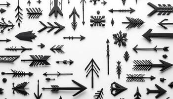 A Diverse Collection of Black Arrows and Stylized Shapes on a White Background photo