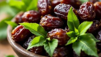A Close Up of Fresh Ripe Dates Displayed in a Wooden Bowl with Lush Green Leaves photo