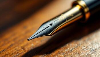 Golden Ink, A Detailed Macro Shot of a Vintage Fountain Pen on Wood Grain Surface photo