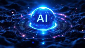 Illuminated Sphere of Artificial Intelligence Emerging from a Digital Landscape photo