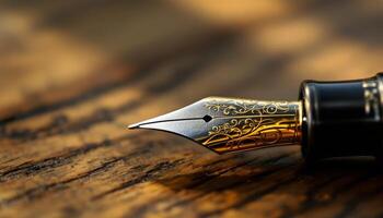 Elegant Fountain Pen Nib on Rustic Wooden Surface with Ornate Gold Detailing photo