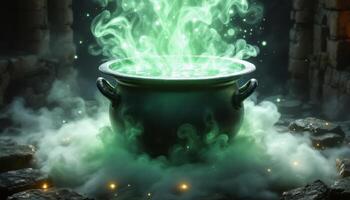 A Mystical Cauldron Bubbling with Eerie Green Magic in an Ancient Stone Chamber photo