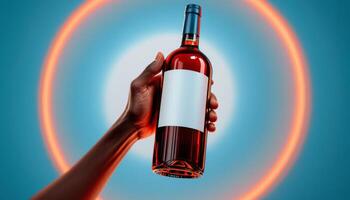 A hand holding a bottle of red wine with blank label against a radiant circle background photo