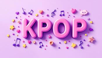 Playful K-Pop Design with Music Notes Stars and Hearts on a Pastel Purple Background photo