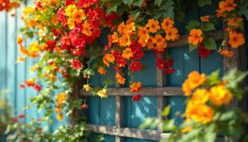 A vibrant cascade of orange and red blooms against a blue wooden trellis and lush greenery photo