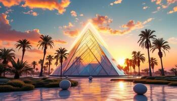 Futuristic Glass Pyramid Reflecting a Beautiful Sunset with Tropical Palm Trees photo