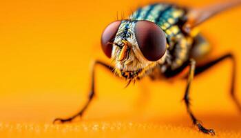 A Macro Close-Up View of a Fly,s Compound Eyes and Striking Orange Background photo