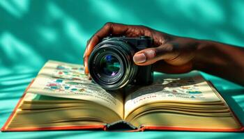 Capturing Stories, A Photographer,s Lens Focuses on an Open Book of Knowledge photo